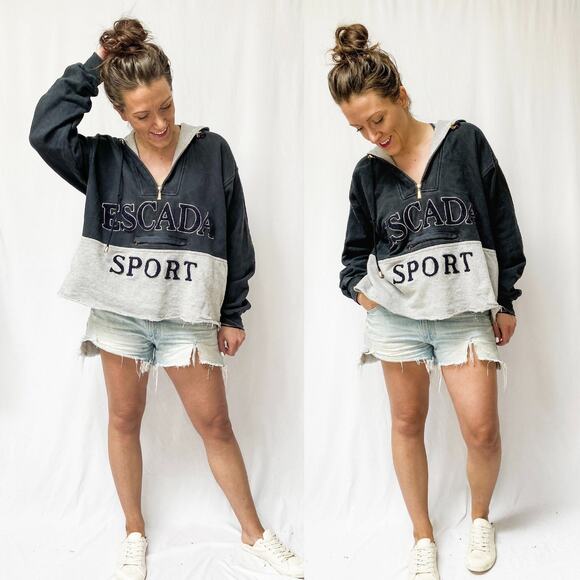 Vintage 90’s Escada Sport Navy Gray Hooded Pullover Sweatshirt small - Picture 1 of 9